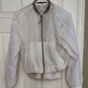 Athleta Sheer White Bomber Jacket with Taupe Trim